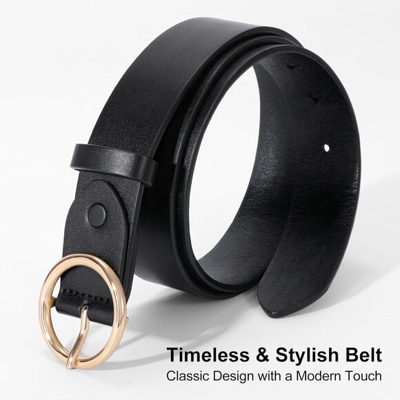 Women Leather Belt with Circle Gold Buckle Fashion Ladies Waist Belt Black Gold main image 7
